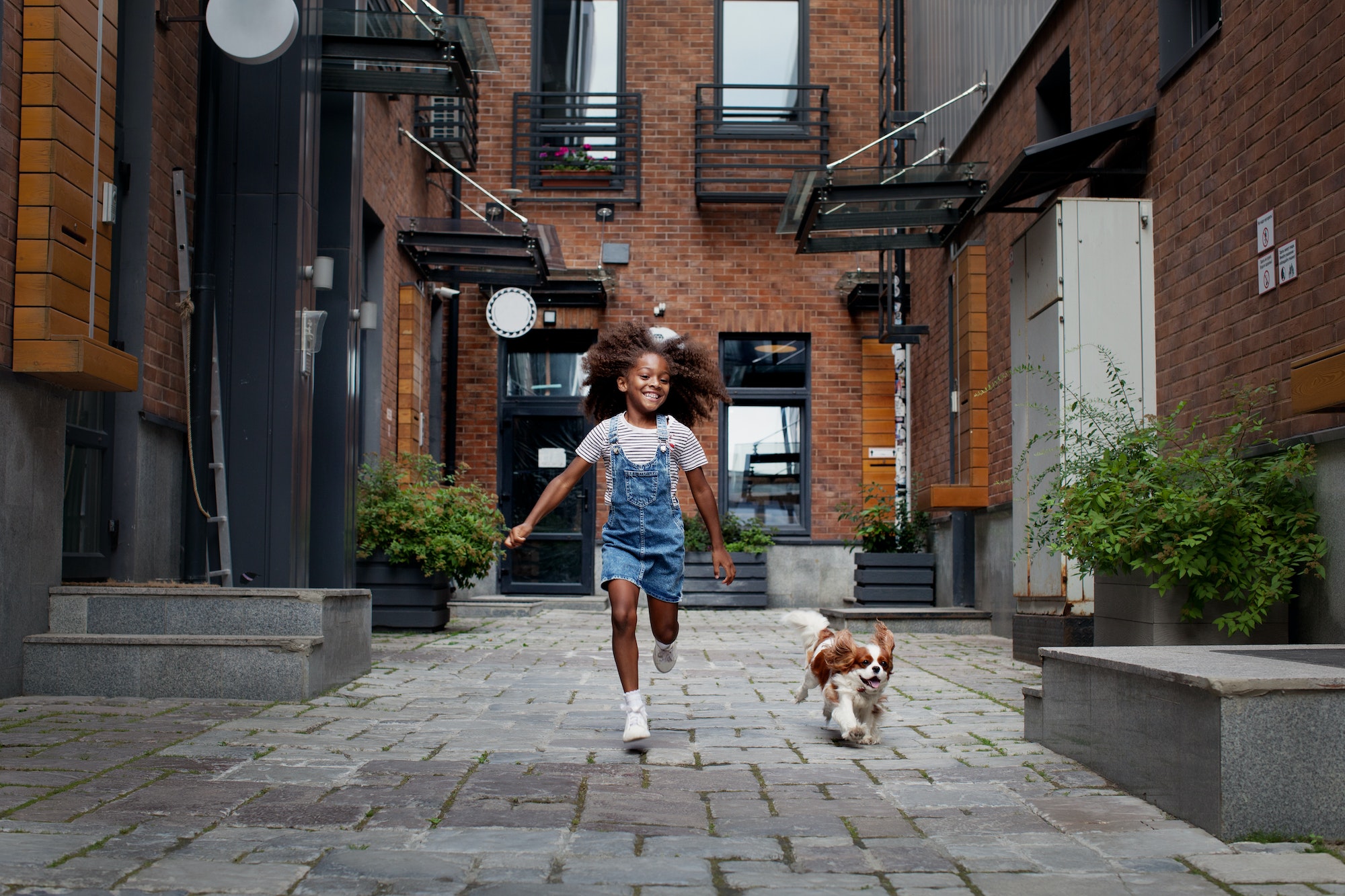 Happy child girl with dog running on city street outside. African american little model